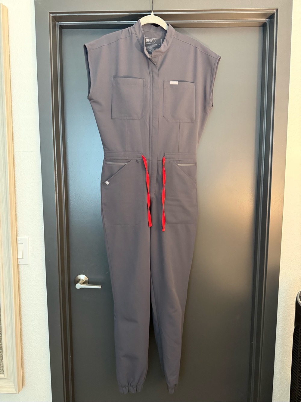 Figs Gray Utility Jumpsuit with Red Drawstring